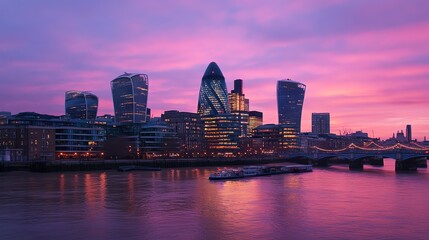 A panoramic view of the London skyline at sunset, with a pink and purple sky.
