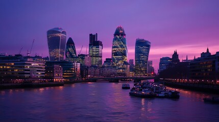 Obraz premium A panoramic view of the London skyline at sunset, with a pink and purple sky.