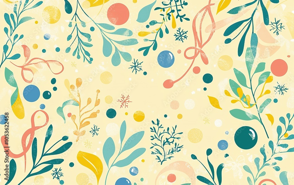 Poster colorful botanical pattern with leaves, circles, and abstract shapes on a soft yellow background sho