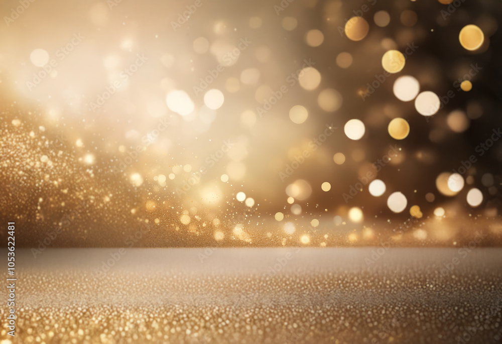 Poster a blurred, golden background with sparkling bokeh and a shimmering surface.