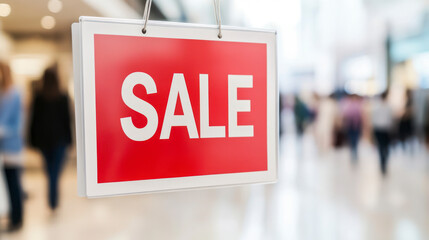 Hanging "Sale" sign in store with blurred shoppers in background...