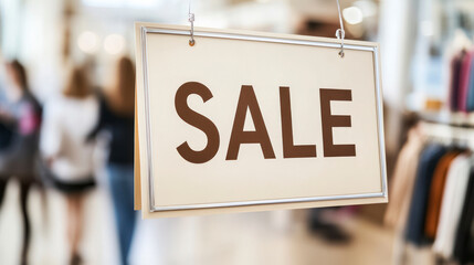 Hanging "Sale" sign in store with blurred shoppers in background...