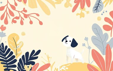 Obraz premium Cute illustrated dog standing in a vibrant garden surrounded by colorful plants and leaves during a sunny day