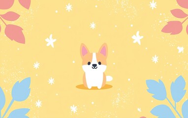 A cute cartoon puppy surrounded by colorful leaves and flowers on a cheerful yellow background