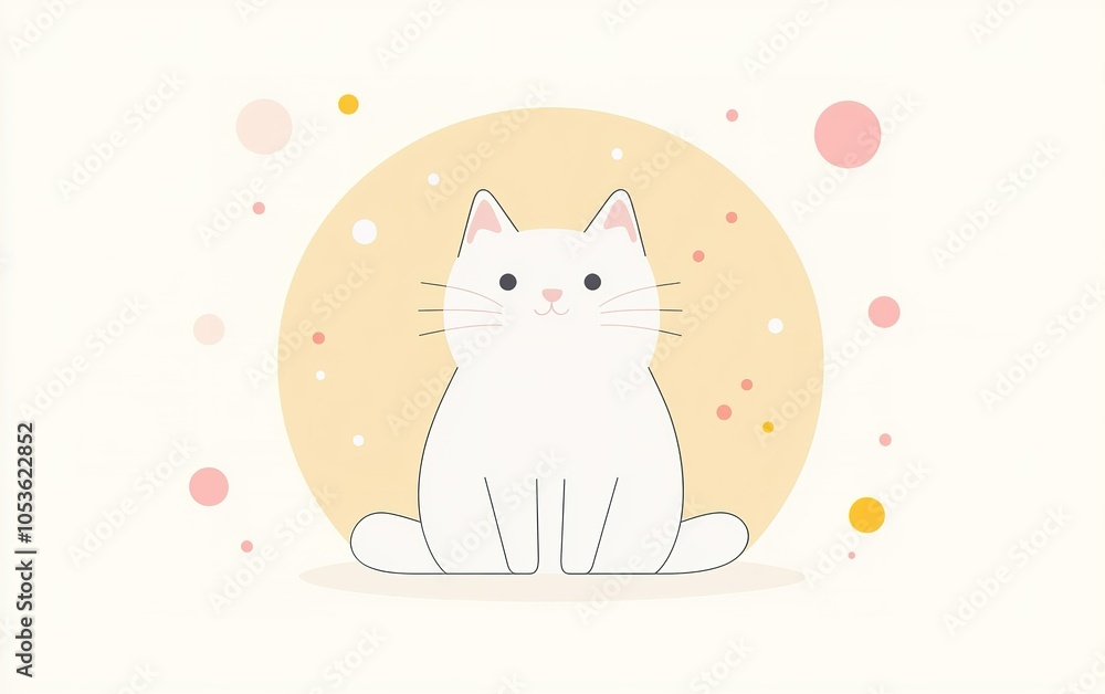 Poster cute white cat sitting calmly on a light background with colorful dots and a soft circle, evoking a 
