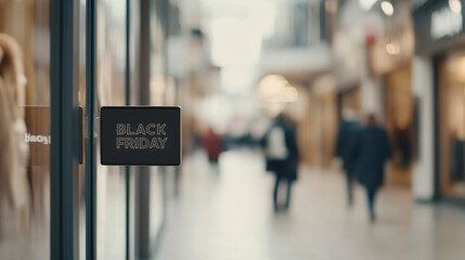 "Black Friday" sign on storefront in blurred indoor shopping mall...