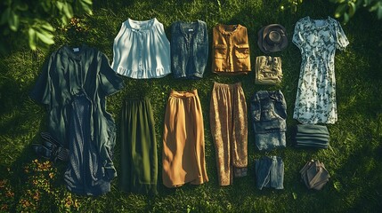 A collection of eco-friendly outfits neatly arranged on a grassy area, with a backdrop of trees and a serene nature setting enhancing the sustainable theme