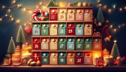 A beautifully decorated Advent calendar featuring small, numbered drawers filled with treats, surrounded by festive holiday decorations and soft fairy lights, creating a joyful atmosphere