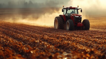 Obraz premium Red Tractor Moving Through a Dusty Field at Sunset
