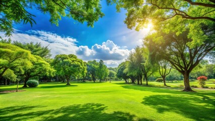 Vibrant Park Scene Lush Green Lawn and Clear Blue Sky in Relaxing Outdoor Setting