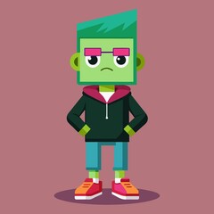 A cool man in a pink suit with a square head, a game character