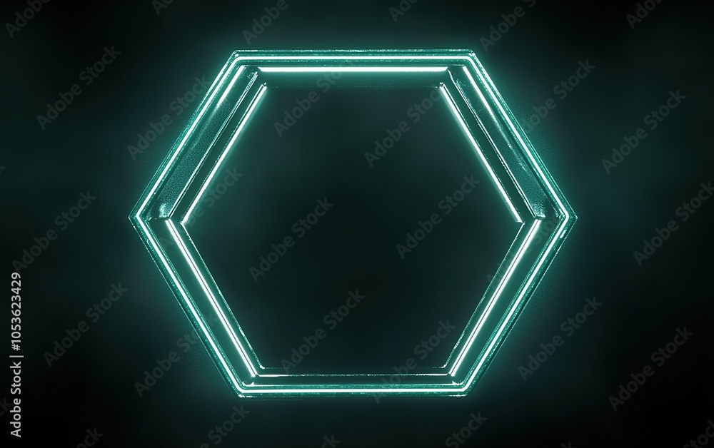 Poster glowing hexagonal frame against a dark, abstract background highlighting modern design elements