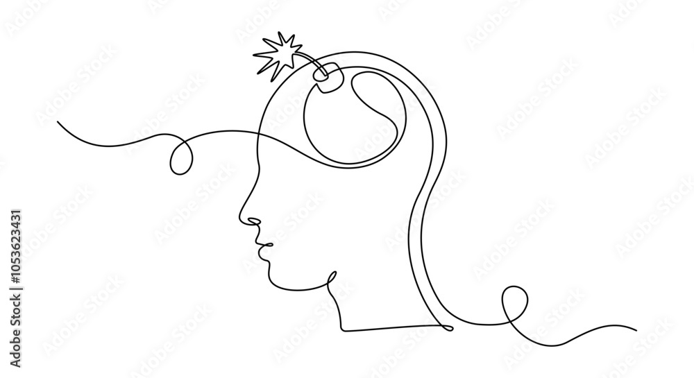 Poster Head with bomb in one continuous line drawing. Explosive blow-up brain and burnout concept in simple linear style. Angry symbol in editable stroke. Doodle vector illustration