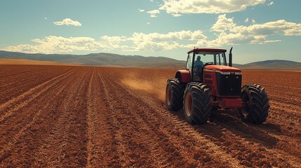 Fototapeta premium Red Tractor Plowing a Field with a Blue Sky and White Clouds