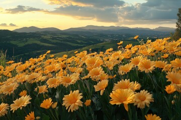 Fototapeta premium A field of bright yellow flowers with mountains in the background, great for nature, travel, or landscape themes
