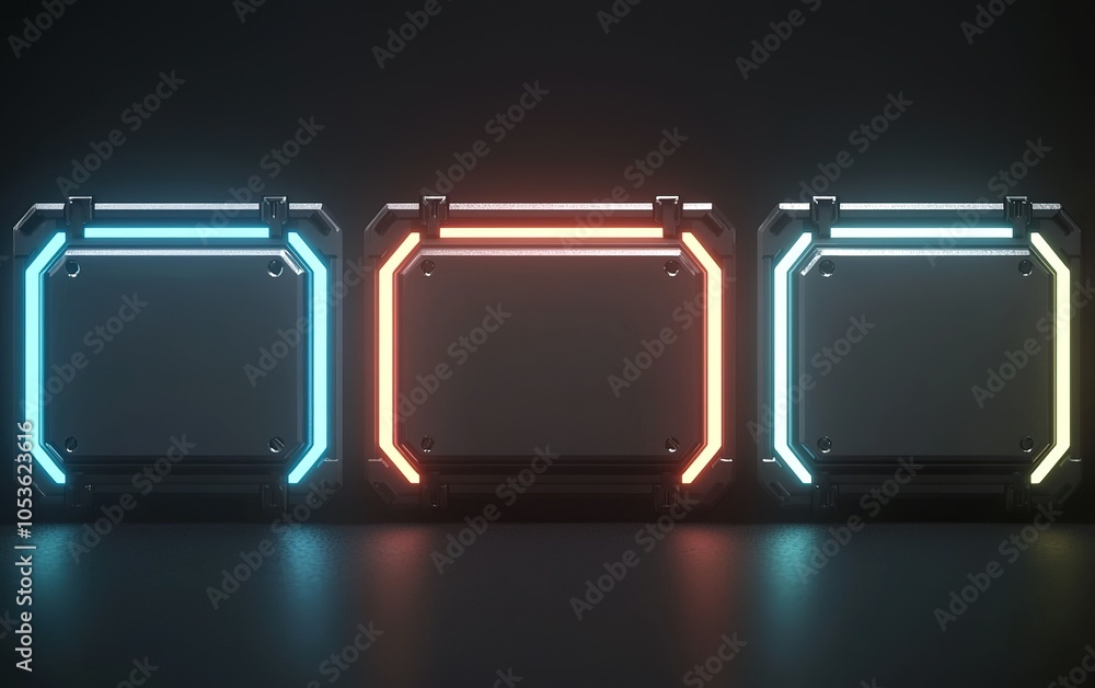 Poster colorful illuminated square frames with neon borders against a dark background in a modern design se