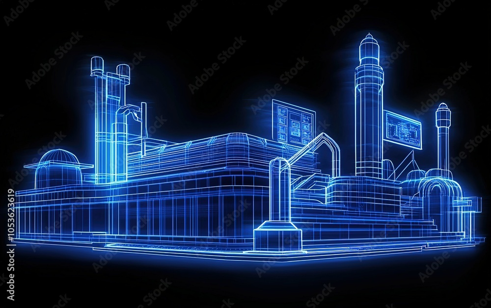 Poster digital blueprint of a futuristic architectural structure illuminated by blue light, showcasing intr
