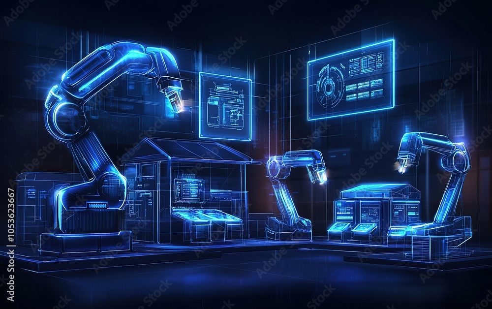 Poster futuristic digital workshop showcasing robotic arms and advanced technology in a design environment