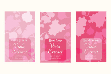 Group of vertical banners for herbal cosmetics, perfumes, or other products. Banners are randomly filled with African violet plant parts. Multi-colored vertical labels with delicate violet plant.