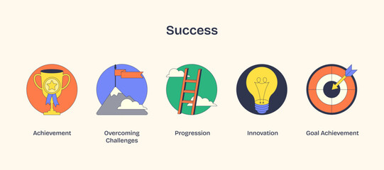 Success depicted through a trophy, ladder, and target, symbolizing achievement and progression. Neubrutalism style