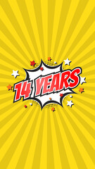 Celebratory animation for 14th fourteenth anniversary - 14 fourteen years birthday. Flat text on pop colorful background with rays.