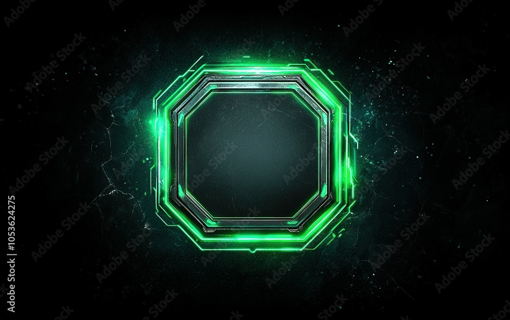Poster a glowing green hexagonal frame surrounded by a dark background, ideal for digital design projects a