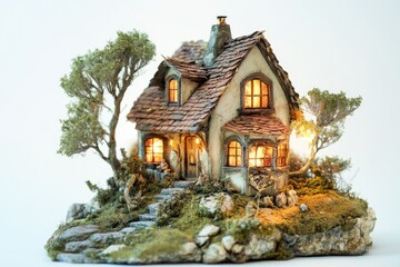 Fototapeta premium A small island with a miniature model of a house, perfect for use in illustrations, designs and concepts