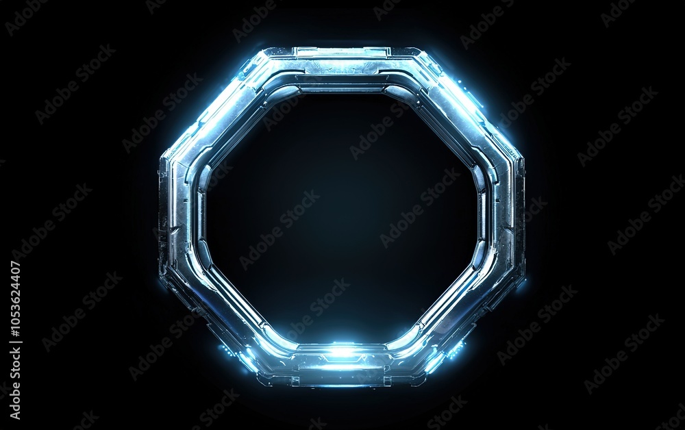 Poster futuristic octagonal frame illuminated with blue light against a dark background, emphasizing techno