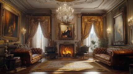 An opulent Victorian parlor with a grand fireplace