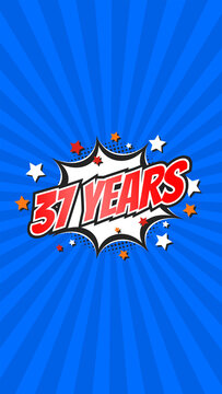 Celebratory animation for 37th thirty-seventh anniversary - 37 thirty-seven years birthday. Flat text on pop colorful background with rays.