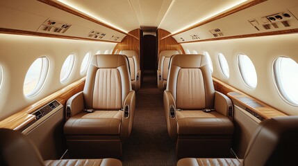 Empty airplane cabin seats with brown leather seats and white overhead lighting.