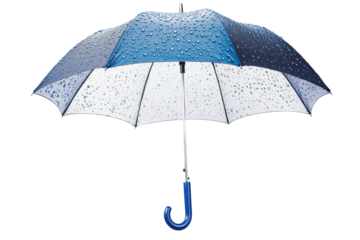 Close-up of a blue and white umbrella with raindrops on the surface. A symbol of weather protection and rainy day essentials.