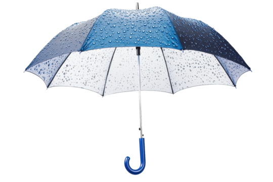 Close-up of a blue and white umbrella with raindrops on the surface. A symbol of weather protection and rainy day essentials.
