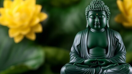 Fototapeta premium A serene green Buddha statue sits in meditation with a blurred yellow flower in the background.