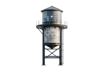 Vintage industrial water tower against a transparent background, showcasing historical architecture and design elements.