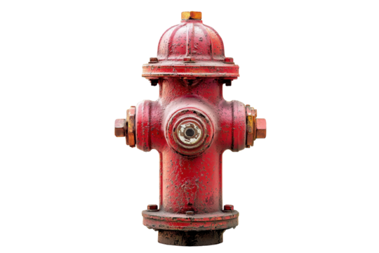 Close-up view of a weathered red fire hydrant isolated on a transparent background, showcasing its unique textures and metal details.