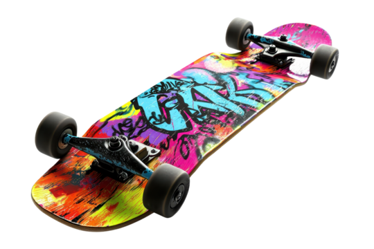 Vibrant skateboard with graffiti art design on deck. Bright colors and dynamic patterns ideal for street culture and sports enthusiasts.