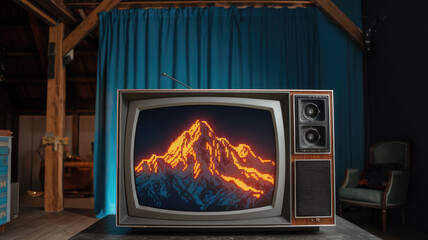 A retro television displaying a pixel art mountain scene, set in a cozy room with wooden beams and teal curtains for a nostalgic vibe.