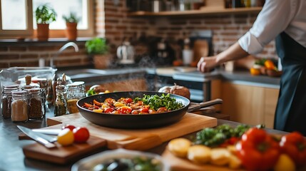 A modern kitchen with an open layout, showcasing a gourmet meal being prepared by a chef, with smart appliances and fresh produce laid out on the counter
