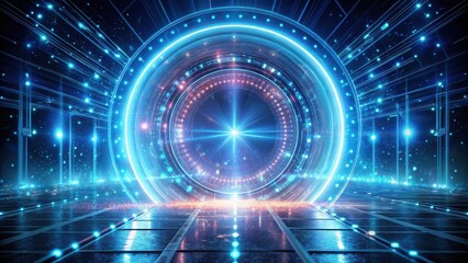 Obraz premium Futuristic holographic portal technology concept with glowing particles in sci fi setting
