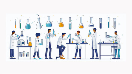 A set of images of an equipped scientific laboratory, scientists in lab coats on a white background
