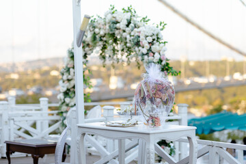 Elegant Istanbul Wedding Venue: Decorated Arch and Cityscape Backdrop