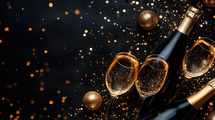Fototapeta premium Minimalistic design New Years party frame of shiny black and gold black