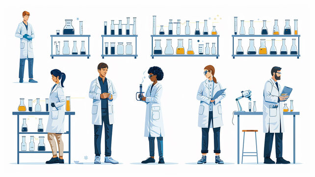 A set of images of an equipped scientific laboratory, scientists in lab coats on a white background