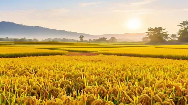 Yellow ripe rice on a large agricultural field in the morning
