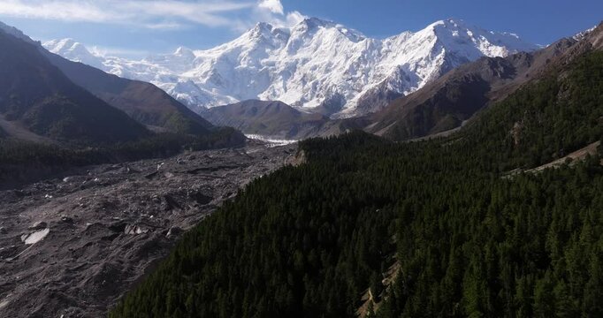 Nanga Parbat, Cinematic Establishing Drone Shot. 9th Tallest Mountain in World! Fairy Meadows, Pakistan. Rakhiot Glacier. Lush Green Forest