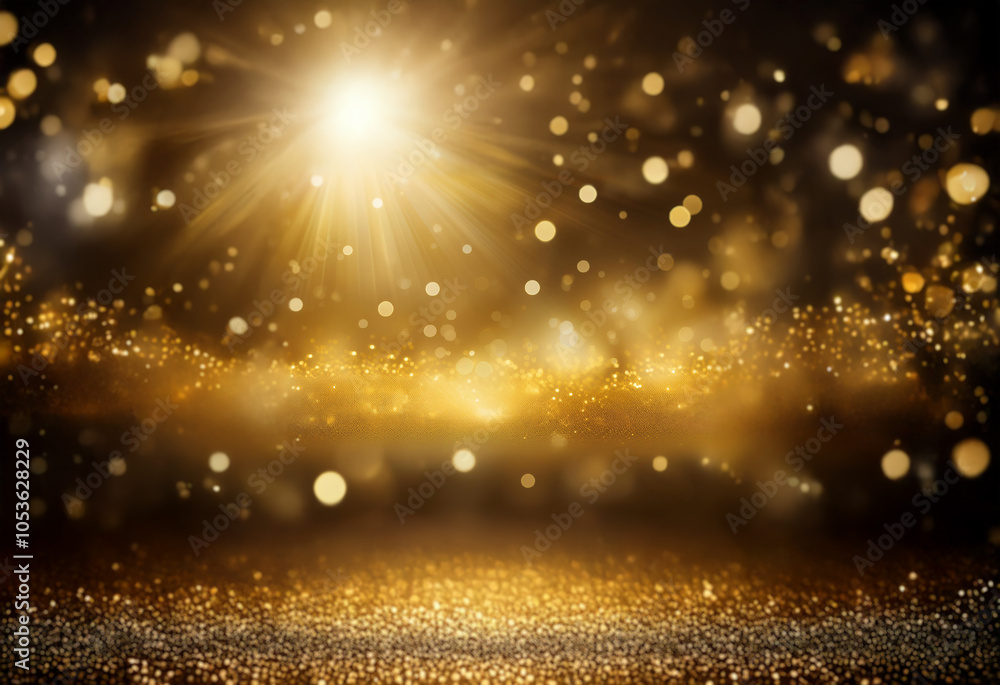 Poster a glowing spotlight shines down on a dark background with sparkling golden particles and bokeh.