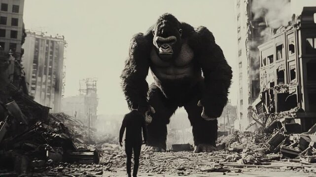Fearless Hero Faces Giant Gorilla in Epic Showdown Amidst Global Chaos, 4K High Quality Video