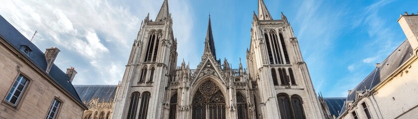 Gothic cathedral facade under a blue sky, showcasing intricate architectural details.