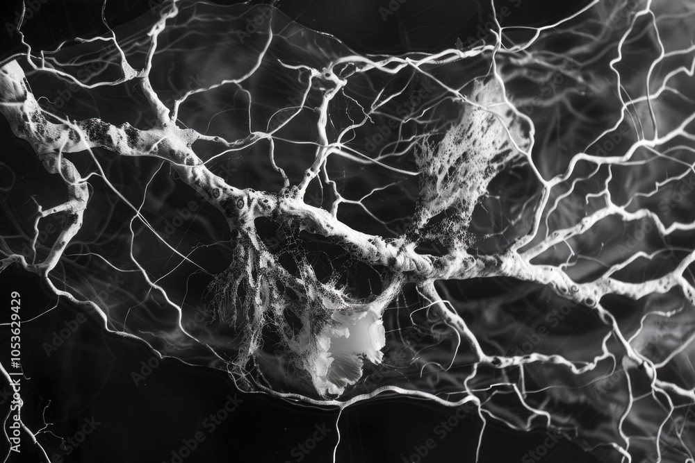 Poster a close-up view of a intricate spider web in monochrome